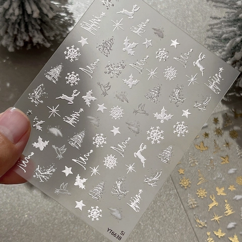 Weihnachten 3D Relief Nagelkunst Aufkleber Schneeflocke Rentier Gold Silber Metall Nagel Decals Winter DIY Dekor