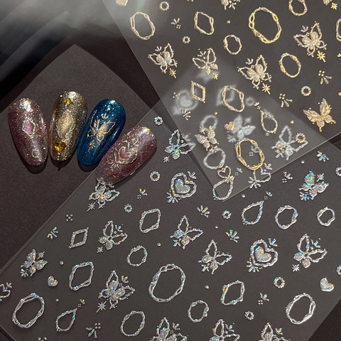 3D Bronzieren Schmetterling Herz Nagelkunst Aufkleber Holografischer Laser Gold Silber Geprägte Maniküre DIY Dekoration Abziehbilder