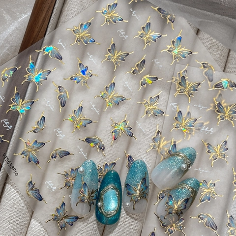 Luxus Gold Bronze Schmetterling Nagelkunst Aufkleber Holographisch Aurora Blau 3D Selbstklebend Geprägt Nagel Decals Für Damen