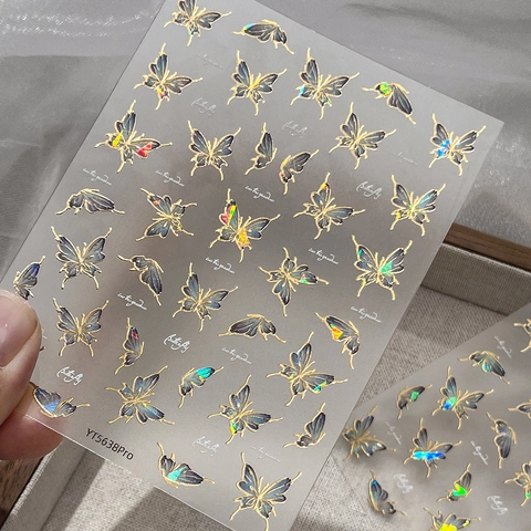 Luxus Gold Bronze Schmetterling Nagelkunst Aufkleber Holographisch Aurora Blau 3D Selbstklebend Geprägt Nagel Decals Für Damen