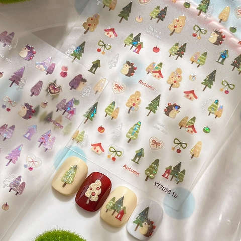 3D Embossed Nail Stickers Shell Light Holographic Autumn Forest Hedgehog Pine Tree DIY Nail Art Decoration Decals