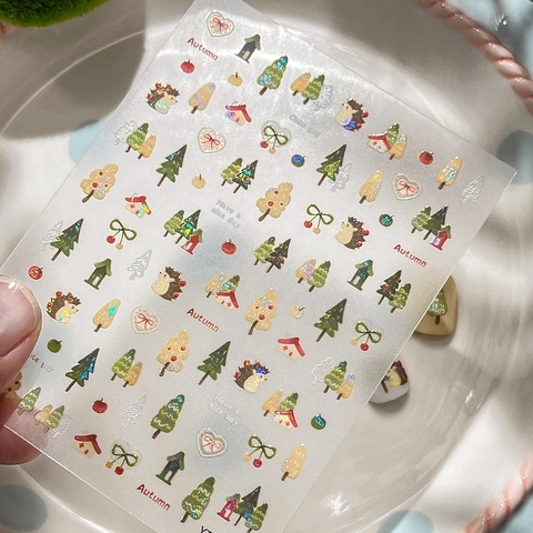 3D Embossed Nail Stickers Shell Light Holographic Autumn Forest Hedgehog Pine Tree DIY Nail Art Decoration Decals