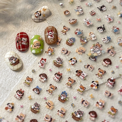 5D Geprägt Cartoon Katze Hund Nagelaufkleber Niedlich 3D Relief Selbstklebende Decals Mit Künstlichen Künstliche Perlen Maniküre Dekoration
