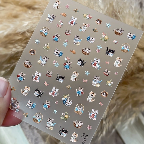 5D Geprägt Cartoon Katze Hund Nagelaufkleber Niedlich 3D Relief Selbstklebende Decals Mit Künstlichen Künstliche Perlen Maniküre Dekoration