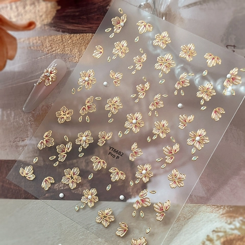 5D Geprägt Blumen Nagelaufkleber Gold Bronze Künstliche Perle Kirschblüte Farbverlauf Süß Luxus Nagel Art Decals Für Damen
