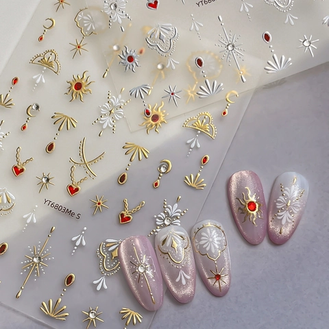 Bohemian Retro 3D Embossed Nail Art Stickers Celestial Sun Moon Star Heart Metallic Relief DIY Manicure Decor Accessories