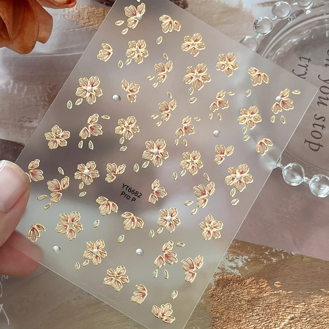 5D Geprägt Blumen Nagelaufkleber Gold Bronze Künstliche Perle Kirschblüte Farbverlauf Süß Luxus Nagel Art Decals Für Damen