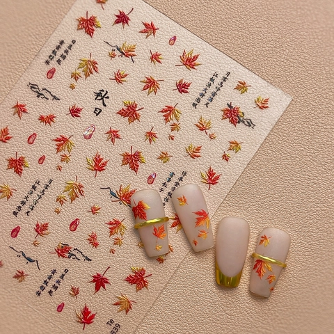 5D Reliëf Esdoornblad Nagelstickers Chinese Stijl Herfst Thema Zelfklevend Manicure Decoratie Vrouwen DIY Nail Art