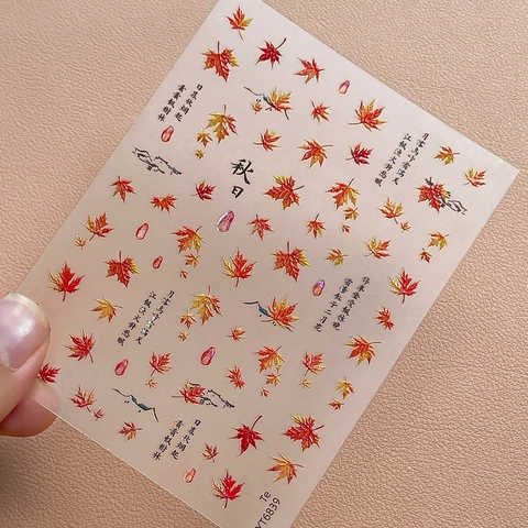 5D Reliëf Esdoornblad Nagelstickers Chinese Stijl Herfst Thema Zelfklevend Manicure Decoratie Vrouwen DIY Nail Art