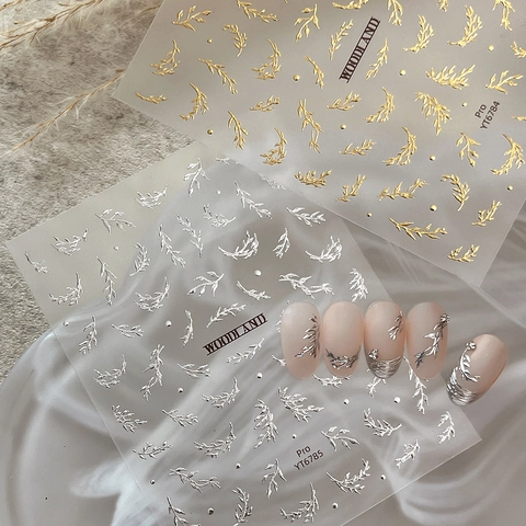 3D-Relief Gold Silber Blatt Nagelkunst Aufkleber Metallische Botanische Zweig Decals Für Damen Maniküre Dekoration Zubehör