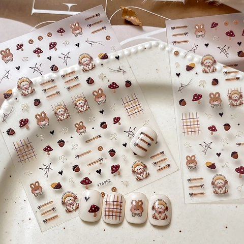 Cute Cartoon Rabbit Dog Mushroom Pattern Nail Art Stickers DIY Self-Adhesive Nail Decals For Women Manicure Decoration