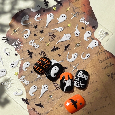 Halloween 5D Geprägte Nagelaufkleber Gespenst Fledermaus Spinnennetz Design Strass Dunkler Stil Selbstklebend Nagelkunst Aufkleber DIY Dekoration