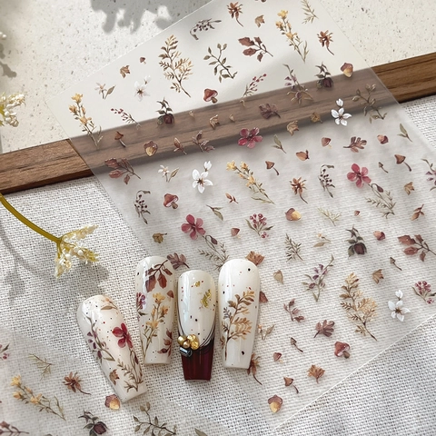 Vintage Autumn 3D Embossed Nail Art Stickers Botanical Floral Dried Leaf Mushroom Pattern DIY Manicure Decal Decoration