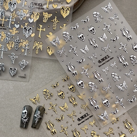 Gothic 3D Metallic Nail Stickers Angel Cross Skull Pattern Embossed Adhesive Nail Art Decals For Halloween DIY Decor