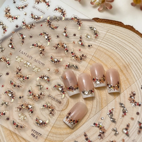 Pegatinas de Uñas de Otoño con Relieve 3D con Diamantes de Imitación Oro Plata Piña Diseños Florales Para Mujer Decoración