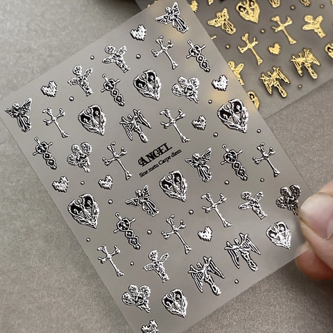Gothic 3D Metallic Nail Stickers Angel Cross Skull Pattern Embossed Adhesive Nail Art Decals For Halloween DIY Decor