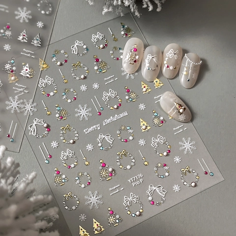 Christmas 5D Relief Nail Stickers Snowflake Wreath Bow Gold Silver Bronzing Artificial Pearl Rhinestone Manicure Art Decor