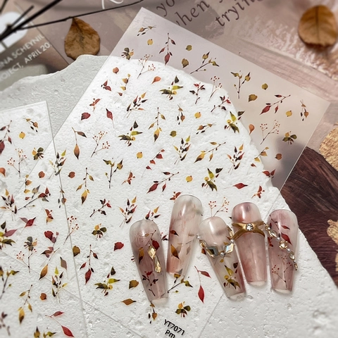 Autumn Maple Leaf Nail Art Stickers Retro Forest Plant Berry Design Matte Semi-Transparent DIY Manicure Decoration