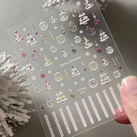Christmas 5D Relief Nail Stickers Snowflake Wreath Bow Gold Silver Bronzing Artificial Pearl Rhinestone Manicure Art Decor