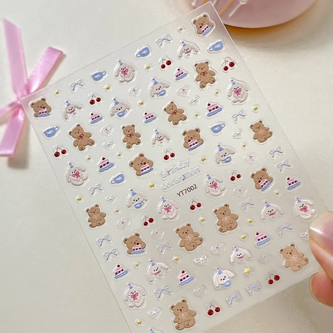 Cartoon Bär Welpe Geburtstag Feier 3D Relief Nagelaufkleber Süße Mode Nette Tier Kuchen Schleife Muster DIY Maniküre