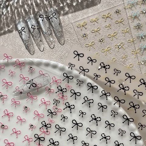 3D Embossed Bow-knot Nail Art Stickers With Rhinestones Sweet Style Colorful Nail Decals For Women DIY Nail Decoration