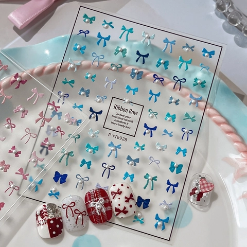 3D Embossed Ribbon Bow Nail Art Stickers With Artificial Pearl Accents Sweet Elegant Manicure Decoration Decals For Women DIY Design