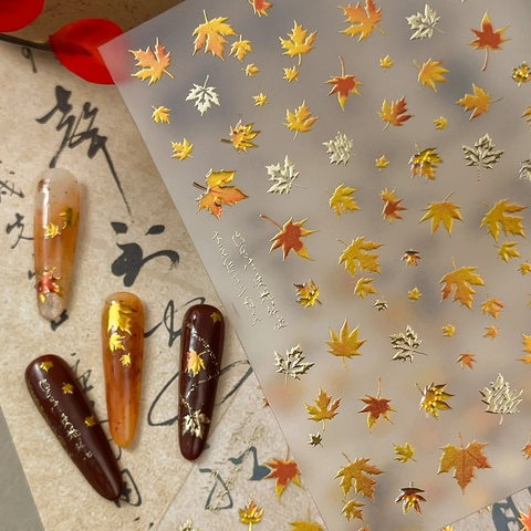 Adesivi per Unghie 3D con Foglie di Acero Bronzate Oro Arancione Stile Autunnale Calligrafia Cinese per Decorazione Donna