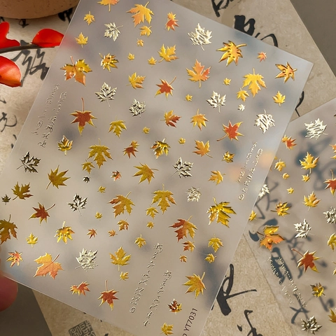 3D Bronzing Esdoornblad Nagelstickers Goud Oranje Herfst Stijl Chinese Calligrafie Zelfklevende Decals Voor Vrouwen Decoratie