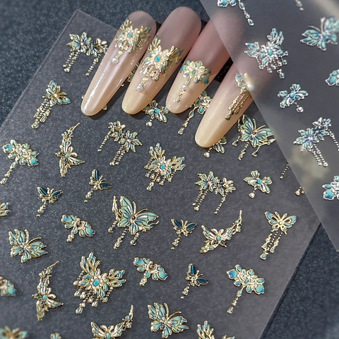 Vintage 3D Relief Butterfly Flower Nail Art Stickers 5D Enamel Style Hot Stamping Gold Silver Adhesive Nail Decals For Women DIY Manicure Decoration