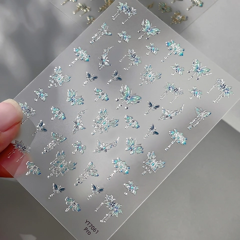 Vintage 3D Relief Butterfly Flower Nail Art Stickers 5D Enamel Style Hot Stamping Gold Silver Adhesive Nail Decals For Women DIY Manicure Decoration