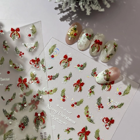 Christmas 5D Embossed Nail Art Stickers Silver Laser Jelly Pearls Pattern Xmas Manicure Decor Self-Adhesive Nail Decals For Women