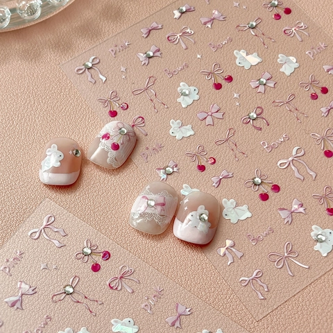 Süße Bogen Hase Kirsche Nagelkunst Aufkleber 3D Geprägte Muschel Glanz Strass Nagel Abziehbilder Für Maniküre Dekoration Damen