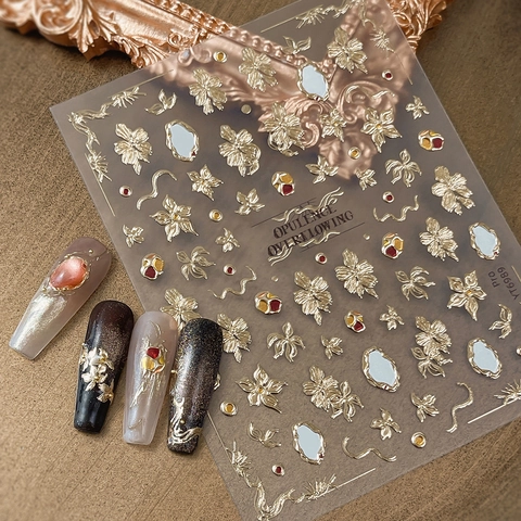 3D Geprägte Nagelkunst Aufkleber Luxus Gold Silber Blumenmuster Vintage Chinesischen Stil Selbstklebend Maniküre Dekoration YT6989