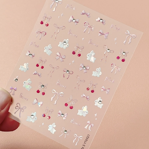 Süße Bogen Hase Kirsche Nagelkunst Aufkleber 3D Geprägte Muschel Glanz Strass Nagel Abziehbilder Für Maniküre Dekoration Damen