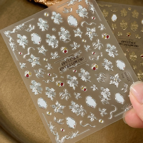 3D Geprägte Nagelkunst Aufkleber Luxus Gold Silber Blumenmuster Vintage Chinesischen Stil Selbstklebend Maniküre Dekoration YT6989