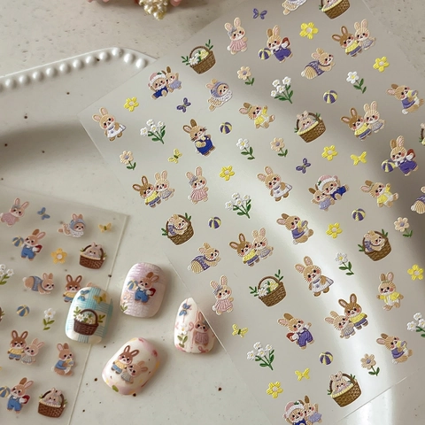 Süße Cartoon Hase Geprägte 5D Relief Nagelkunst Aufkleber Süße Blume Schmetterling Muster Selbstklebende Maniküre Dekoration Für Damen