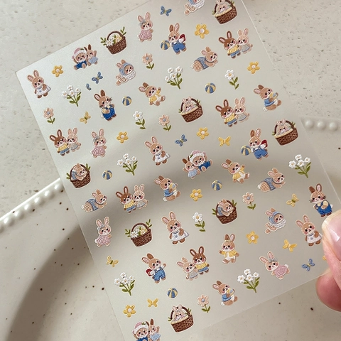 Süße Cartoon Hase Geprägte 5D Relief Nagelkunst Aufkleber Süße Blume Schmetterling Muster Selbstklebende Maniküre Dekoration Für Damen