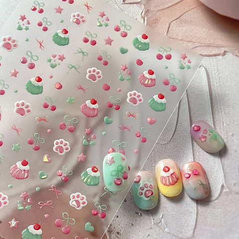 3D Relief Cute Cat Paw Cupcake Nail Art Stickers Sweet Cherry Bow Star DIY Manicure Decals For Women YT7091