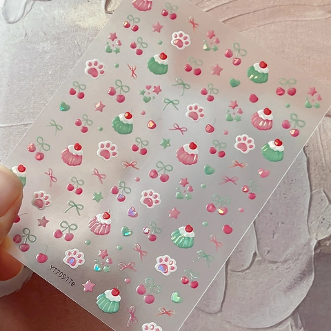 3D Relief Cute Cat Paw Cupcake Nail Art Stickers Sweet Cherry Bow Star DIY Manicure Decals For Women YT7091