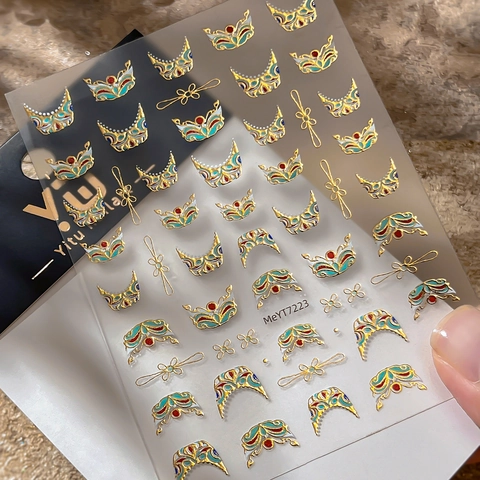 Nagelaufkleber Im Chinesischen Stil Dunhuang Vergoldet Vintage Heißprägung Relief Krone Bogen Design Für Damen Nageldekoration