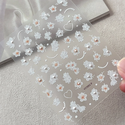 Adesivi per Nail Art in Rilievo 5D Eleganti Fiori Bianchi con Motivo a Perla Decalcomanie Autoadesive 3D per Manicure da Donna