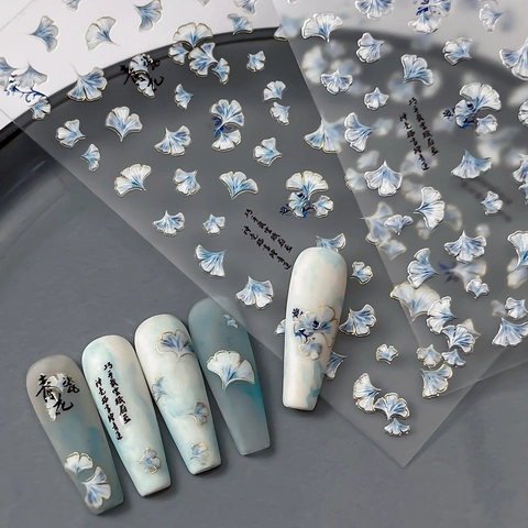 3D Relief Ginkgo Leaf Nail Art Stickers Blue And White Porcelain Style Gold Silver Bronzing Chinese Calligraphy Decoration
