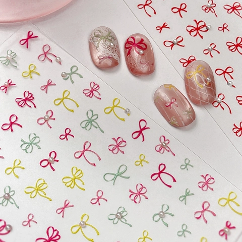 3D Embossed Bow Nail Stickers With Artificial Pearl Decorations Multicolor Sweet Bowtie Manicure Decals For Women DIY Nail Art Decor