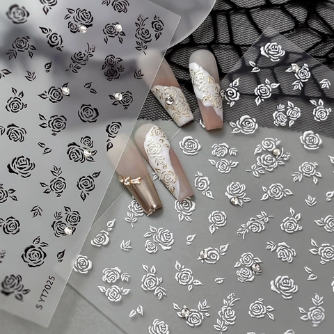 3D Rose Nail Art Stickers With Rhinestones 5D Relief Bronzing Decals For Women French Style Elegant Nail Decoration