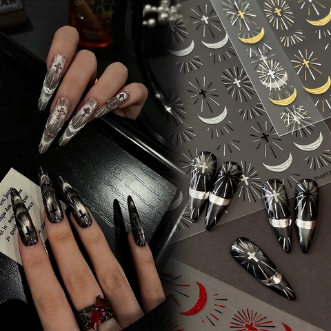 Gothic Nail Art Stickers Metallic Cross Moon Star Design Self Adhesive Manicure Decals For Women Professional DIY Nail Decoration
