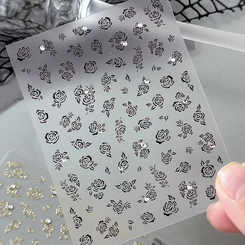 3D Rose Nail Art Stickers With Rhinestones 5D Relief Bronzing Decals For Women French Style Elegant Nail Decoration