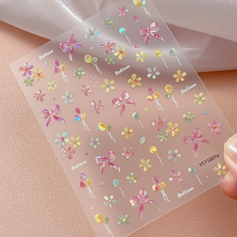 3D Embossed Nail Stickers Sweet Macaron Balloon Bow Flower Designs Pearl Shell Luster Self Adhesive Nail Art Decoration For Women