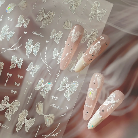 3D Relief Schleife Nagelkunst Aufkleber Irisierend Perlweiß Süße Harz Geprägte Nagelsticker Für Damen DIY Maniküre Dekoration