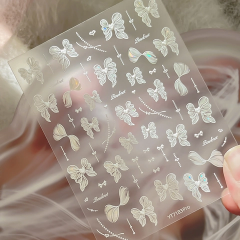3D Relief Schleife Nagelkunst Aufkleber Irisierend Perlweiß Süße Harz Geprägte Nagelsticker Für Damen DIY Maniküre Dekoration