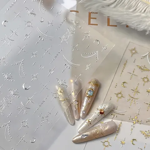 Vintage Bohemian Celestial Star Moon Nail Art Stickers 3D Embossed Gold Silver Self Adhesive Astrology Nail Decals For Women